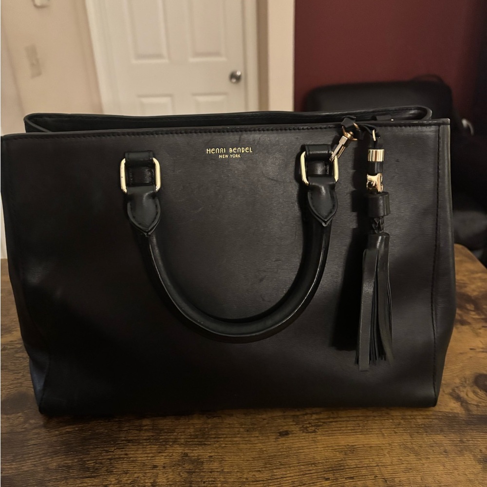 Henri Bendel Black Leather Tote with Tassel black leather and lizard strap